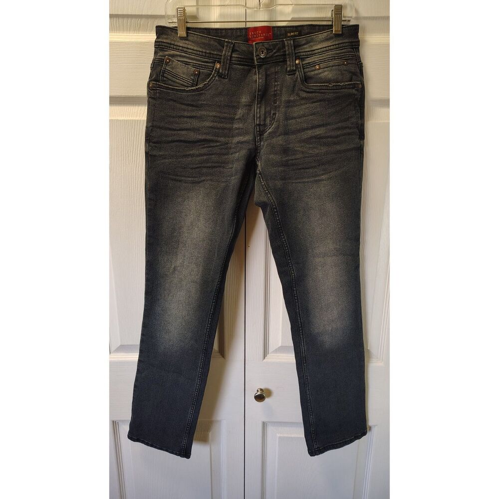 Truth & Substance Slim Fit Acid Wash Stretch Jeans – Dark Charcoal, Size 28x30